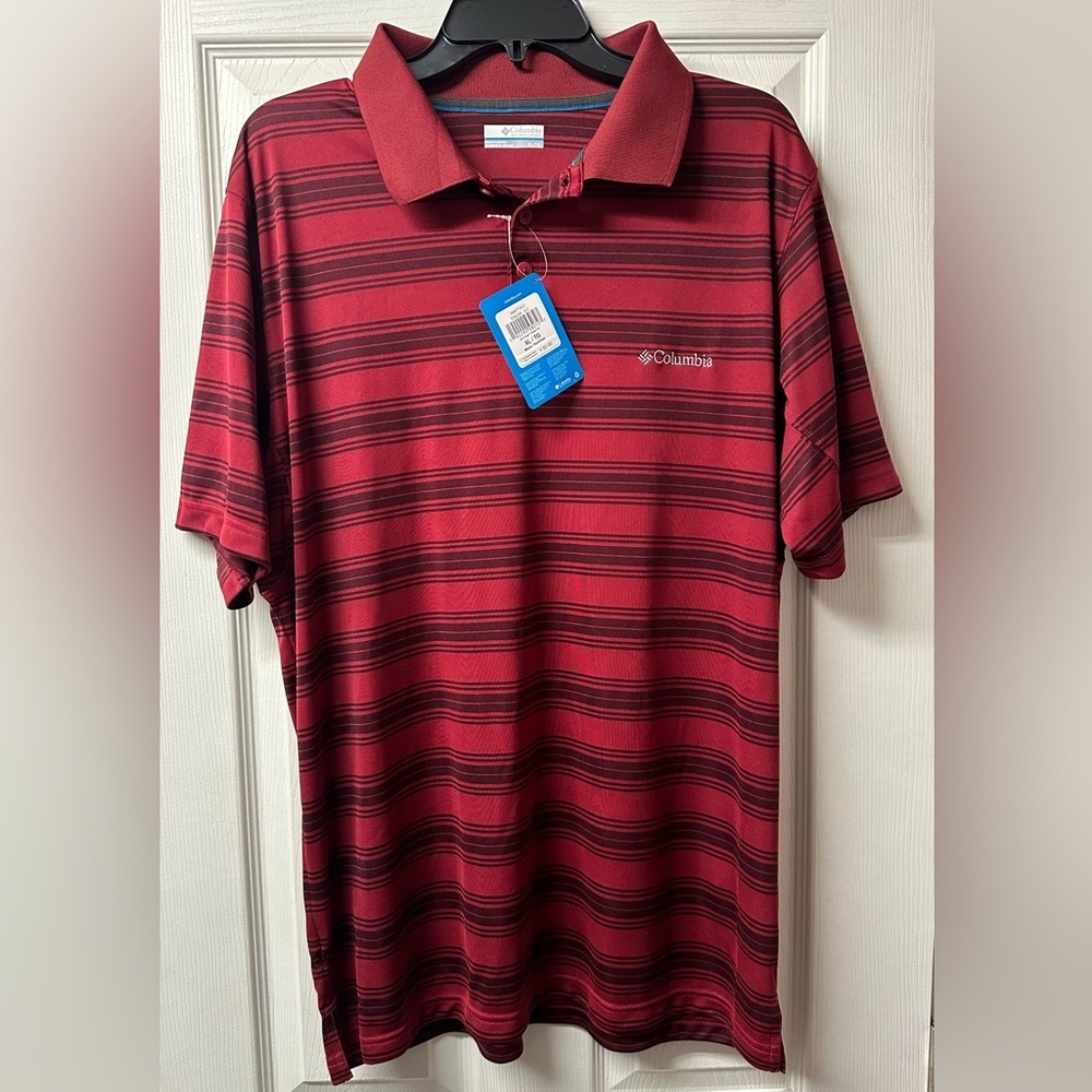 Columbia City Voyager Polo Shirt Mens XL Burgundy Striped Short Sleeve Collared
